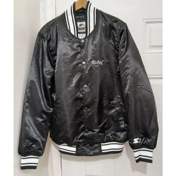 Mens large vintage starter satin bomber jacket black baseball varsity